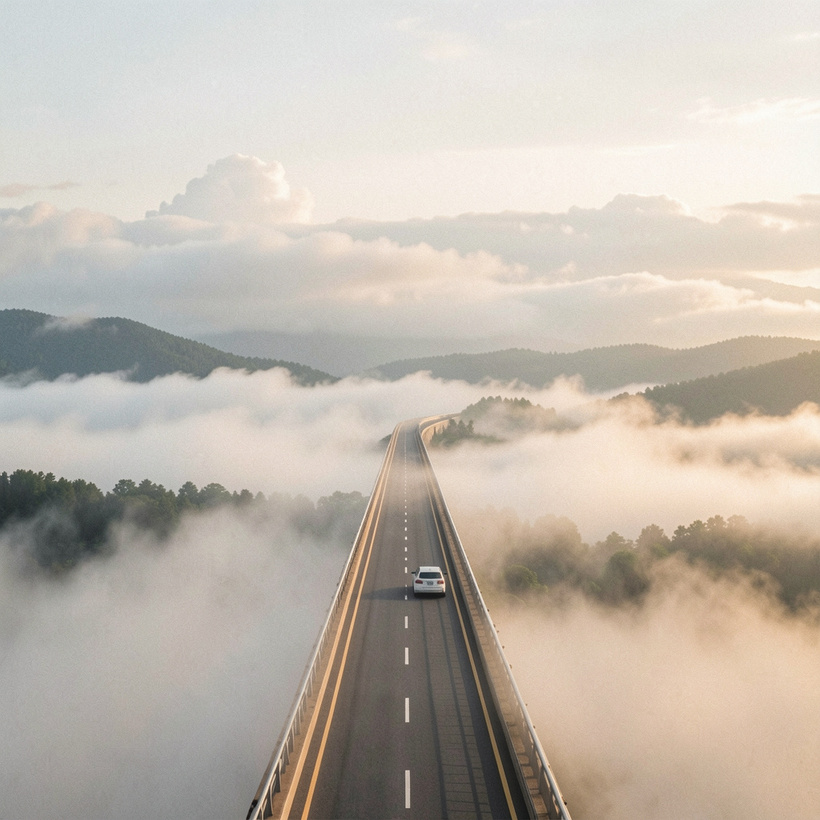 Una carretera avanza entre montañas y nubes