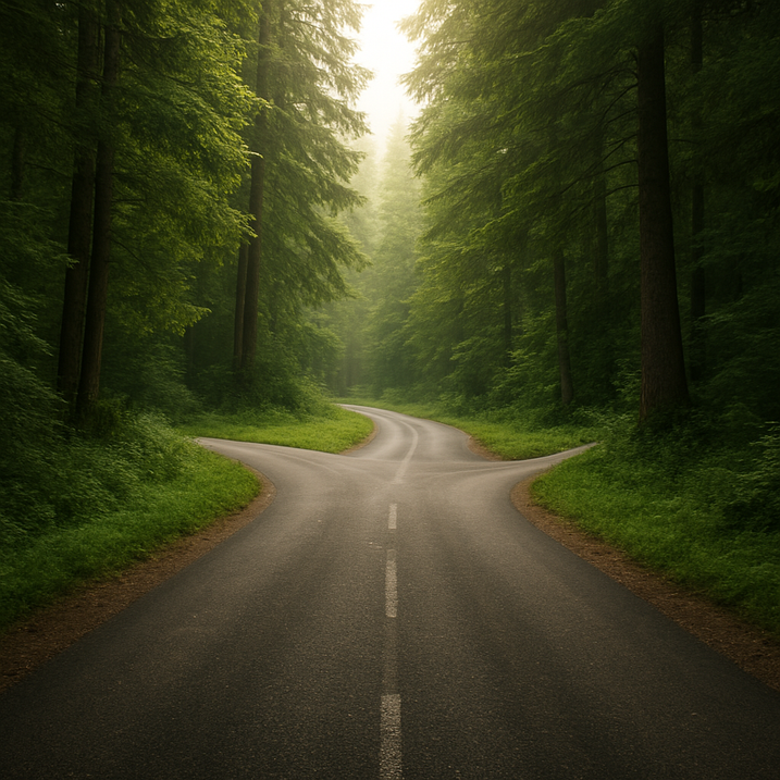 Un camino se divide en dos direcciones entre un bosque